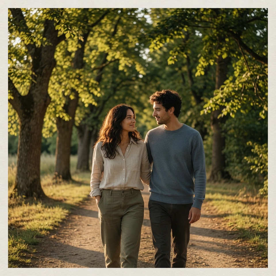 Couple walking together along a tree-lined path
