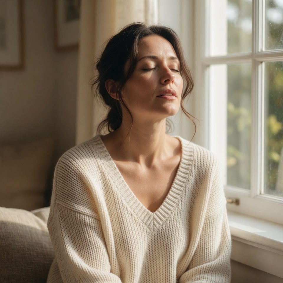 A woman sitting by a window with eyes closed, a quiet moment of relief, acupuncture for anxiety and trauma in Las Vegas.