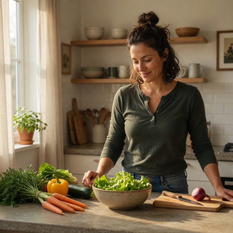 A woman preparing fresh vegetables in a kitchen, supporting digestive health with acupuncture in Las Vegas.