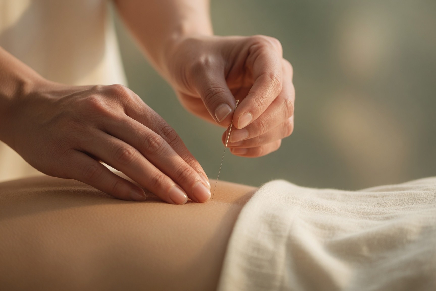 Close-up of an acupuncture needle being placed for endometriosis treatment at Spring Mountains Acupuncture in Las Vegas.