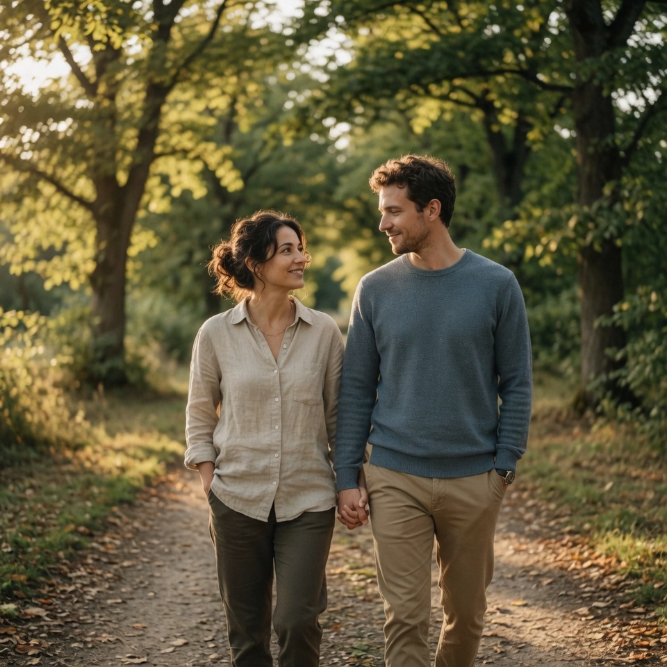 Couple walking hand in hand on a tree-lined path