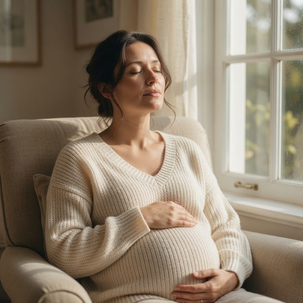 A pregnant woman in the Las Vegas desert at golden hour, pregnancy acupuncture support.