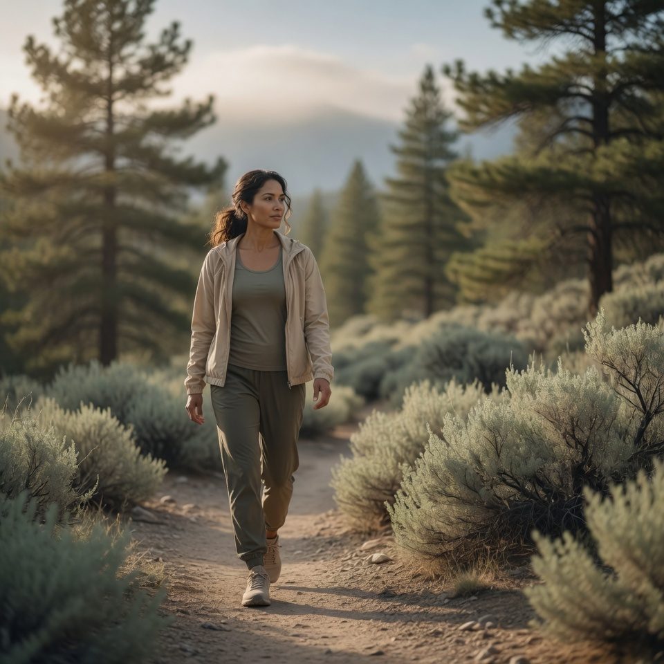 A woman walking a desert trail, sciatica and back pain acupuncture in Las Vegas.
